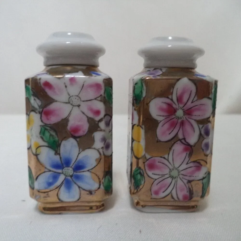 Vintage Chintz Porcelain Salt Pepper Shaker Set small gold pink green yellow 2.7